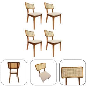 Kit 4 Cadeira Estofada em Linho Claro Encosto Rattan - Lilia