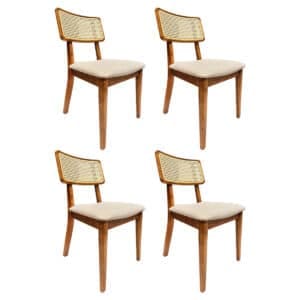 Kit 4 Cadeira Estofada em Linho Claro Encosto Rattan - Lilia