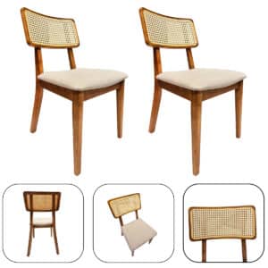 Kit 2 Cadeira Estofada em Linho Clara Encosto Rattan - Lilia